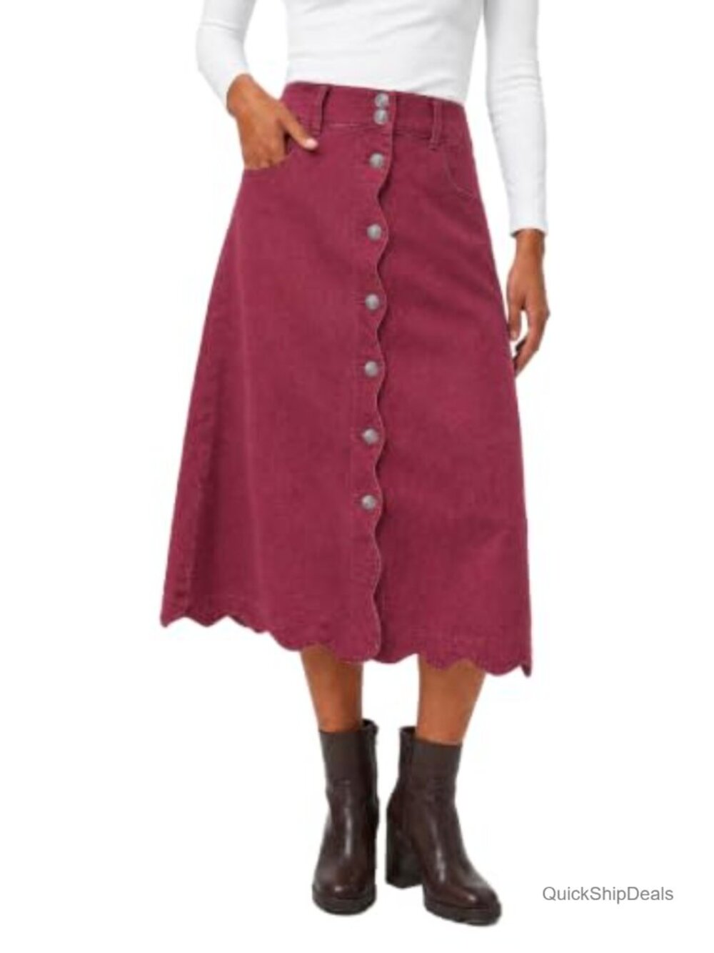 Women's High Waisted A-Line Midi Denim Skirt with Scalloped Hem and Button Front